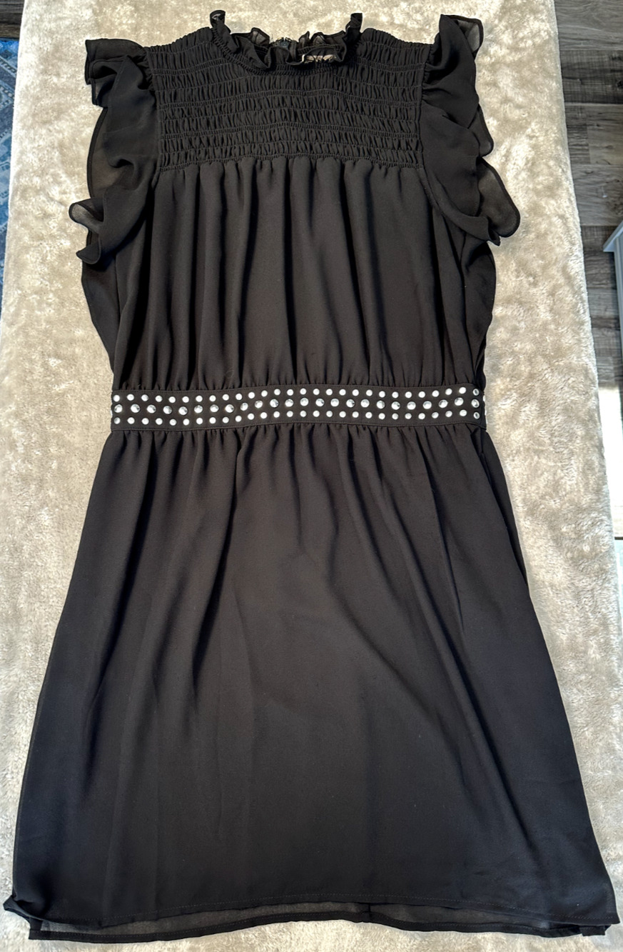 Michael Kors Black Chiffon Flutter Sleeve Studded Waist Dress Womens Size M